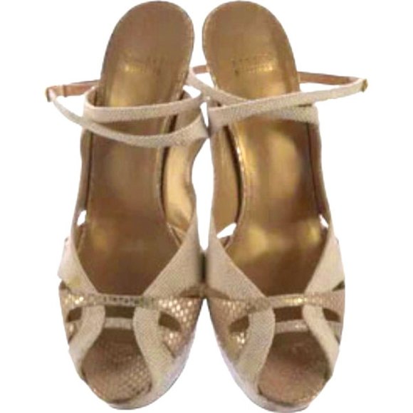 Stuart Weitzman Y278038‎ Eggshell Canvas with Lizardskin Platform Stiletto - Picture 7 of 9